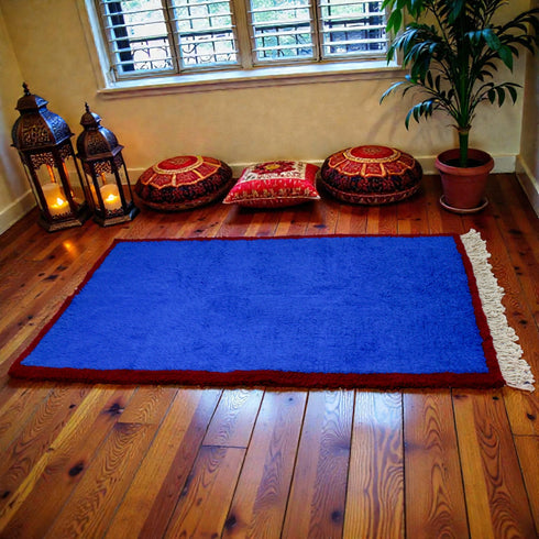 Blue Moroccan Rug, Handmade Berber Wool Rug, Solid Blue Area Rug, Burgundy Border, Beni Ourain Carpet