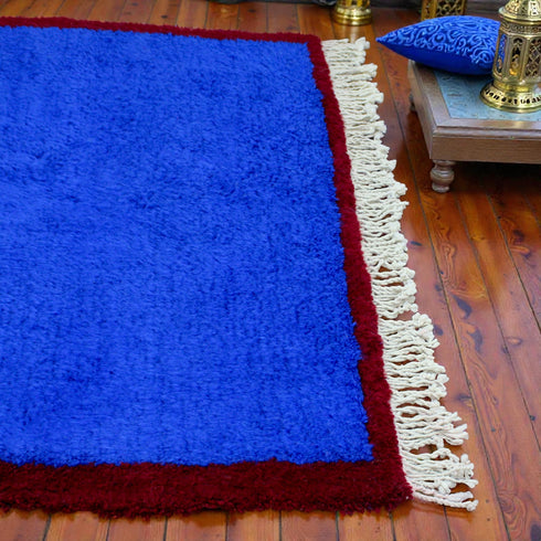 Blue Moroccan Rug, Handmade Berber Wool Rug, Solid Blue Area Rug, Burgundy Border, Beni Ourain Carpet