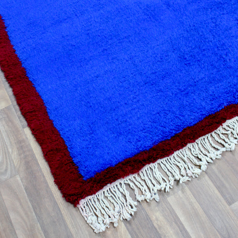 Blue Moroccan Rug, Handmade Berber Wool Rug, Solid Blue Area Rug, Burgundy Border, Beni Ourain Carpet