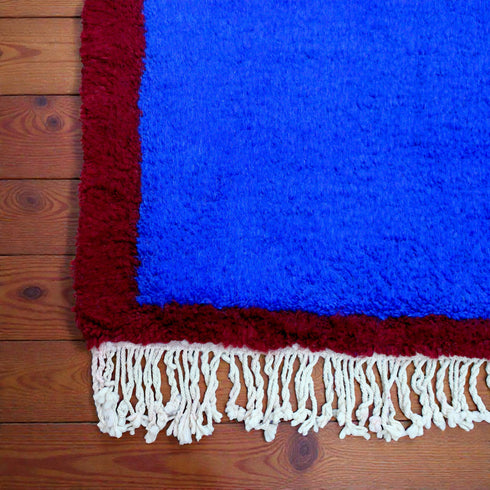 Blue Moroccan Rug, Handmade Berber Wool Rug, Solid Blue Area Rug, Burgundy Border, Beni Ourain Carpet
