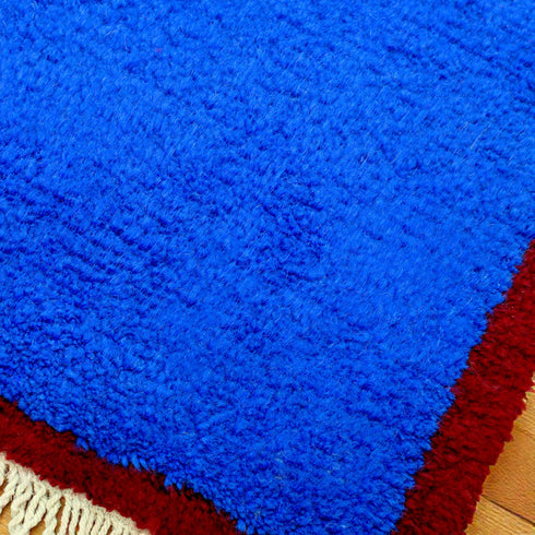 Blue Moroccan Rug, Handmade Berber Wool Rug, Solid Blue Area Rug, Burgundy Border, Beni Ourain Carpet