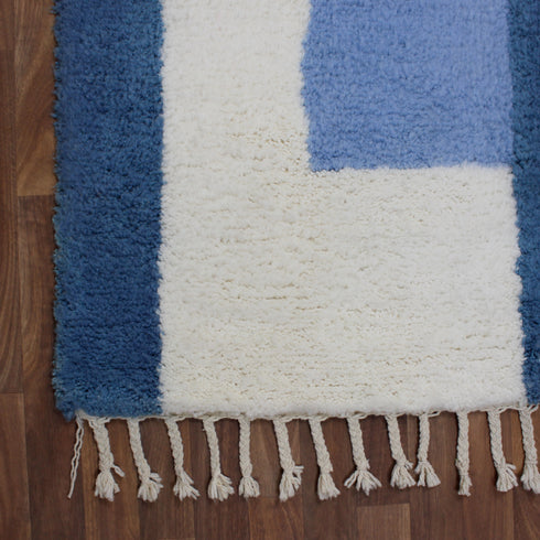 Blue Moroccan Wool Rug, Geometric Berber Rug, Brown Ivory Handmade Area Carpet, Modern Abstract Rug