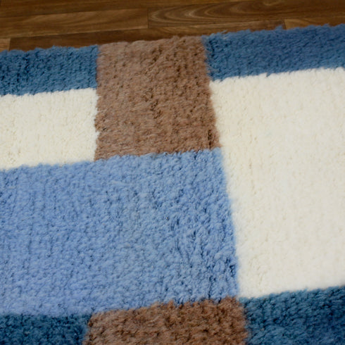 Blue Moroccan Wool Rug, Geometric Berber Rug, Brown Ivory Handmade Area Carpet, Modern Abstract Rug