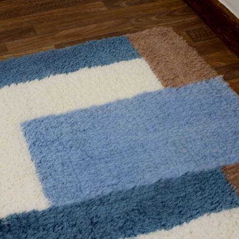 Blue Moroccan Wool Rug, Geometric Berber Rug, Brown Ivory Handmade Area Carpet, Modern Abstract Rug