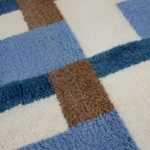 Blue Moroccan Wool Rug, Geometric Berber Rug, Brown Ivory Handmade Area Carpet, Modern Abstract Rug
