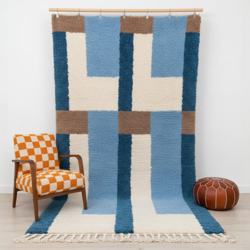 Blue Moroccan Wool Rug, Geometric Berber Rug, Brown Ivory Handmade Area Carpet, Modern Abstract Rug