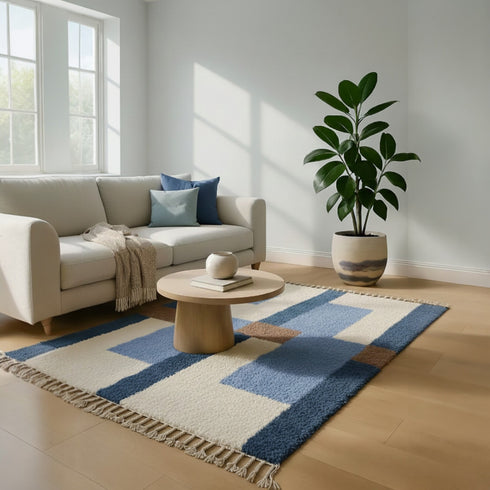 Blue Moroccan Wool Rug, Geometric Berber Rug, Brown Ivory Handmade Area Carpet, Modern Abstract Rug
