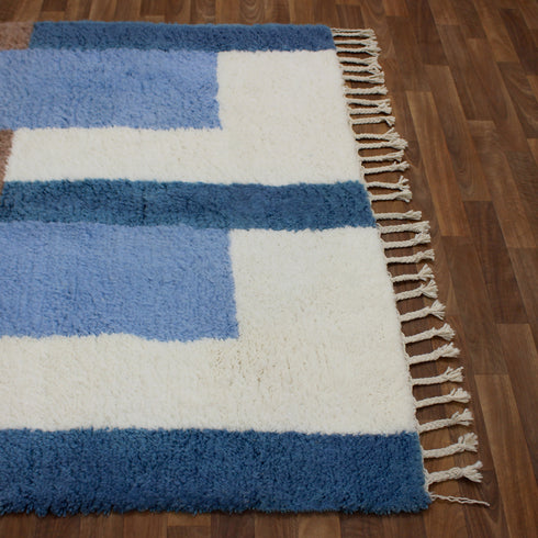 Blue Moroccan Wool Rug, Geometric Berber Rug, Brown Ivory Handmade Area Carpet, Modern Abstract Rug