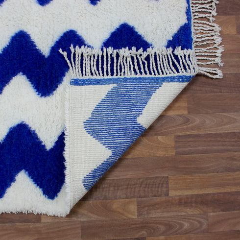 Blue Moroccan Wool Rug, White Zigzag Berber Rug, Handmade Geometric Area Carpet, Modern Beni Ourain Rug