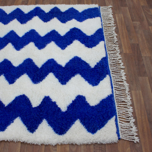 Blue Moroccan Wool Rug, White Zigzag Berber Rug, Handmade Geometric Area Carpet, Modern Beni Ourain Rug