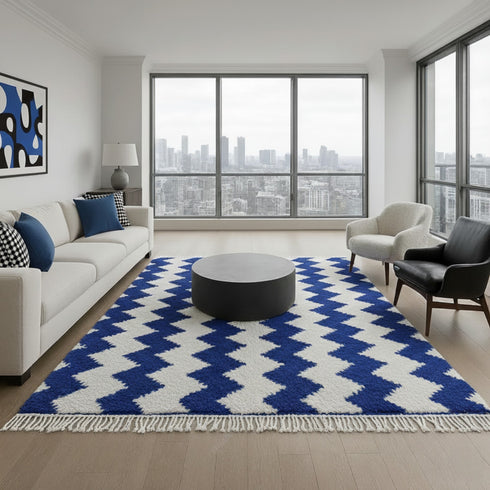 Blue Moroccan Wool Rug, White Zigzag Berber Rug, Handmade Geometric Area Carpet, Modern Beni Ourain Rug