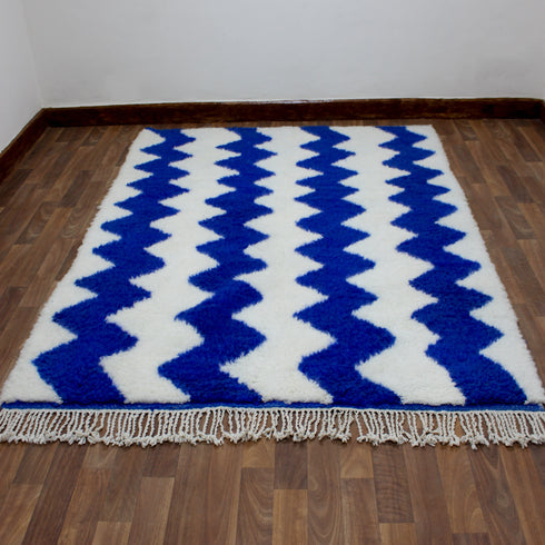 Blue Moroccan Wool Rug, White Zigzag Berber Rug, Handmade Geometric Area Carpet, Modern Beni Ourain Rug