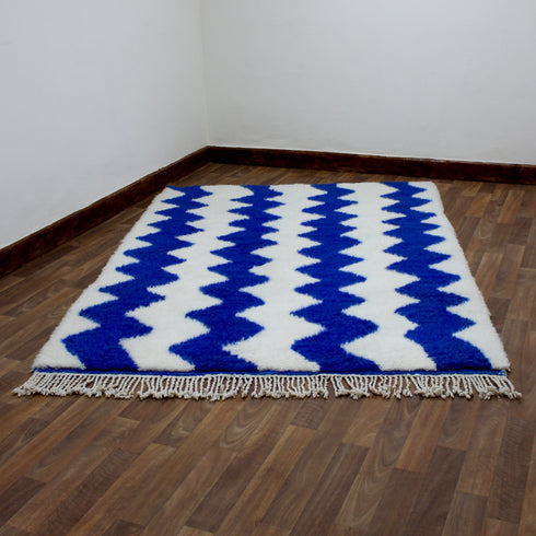 Blue Moroccan Wool Rug, White Zigzag Berber Rug, Handmade Geometric Area Carpet, Modern Beni Ourain Rug