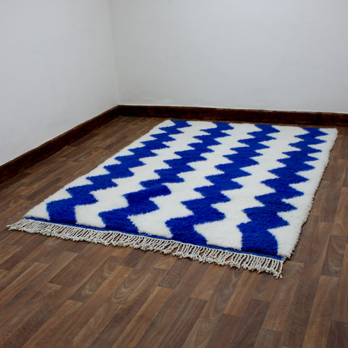Blue Moroccan Wool Rug, White Zigzag Berber Rug, Handmade Geometric Area Carpet, Modern Beni Ourain Rug