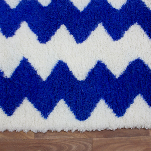Blue Moroccan Wool Rug, White Zigzag Berber Rug, Handmade Geometric Area Carpet, Modern Beni Ourain Rug