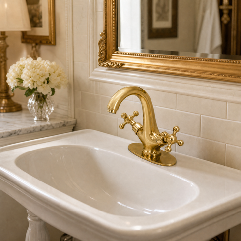 Brasslux 3-in-1 Bathroom Faucet with Cross Handles – Unlacquered Brass