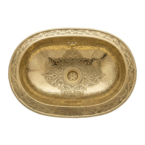 Elevate your bathroom countertop with an Art of handmade brass oval engraved sink.