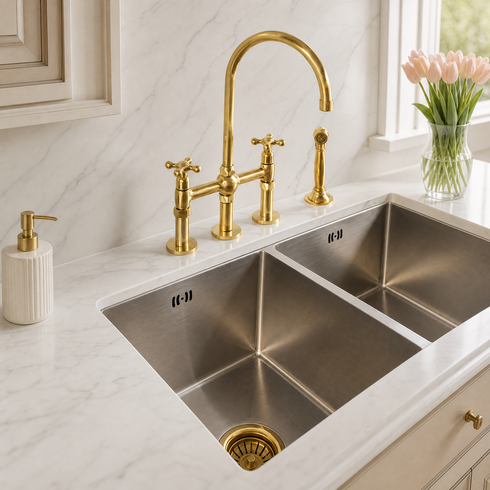 Bridge Kitchen Faucet with Side Sprayer – Unlacquered Brass