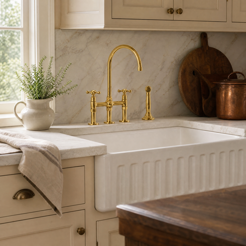 Bridge Kitchen Faucet with Side Sprayer – Unlacquered Brass