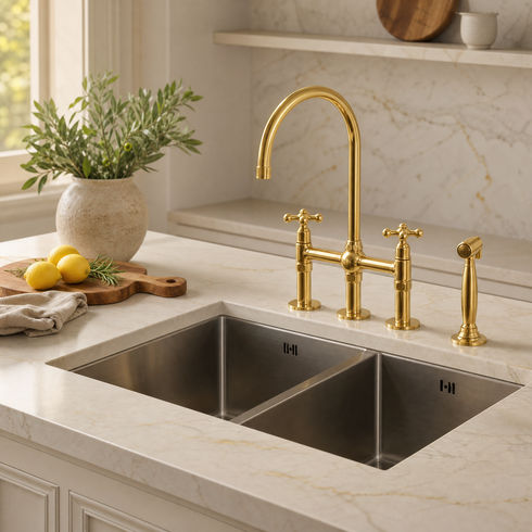 Bridge Kitchen Faucet with Side Sprayer – Unlacquered Brass