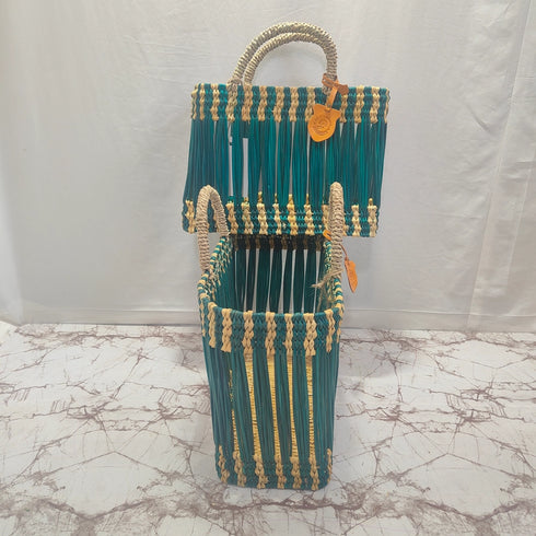 Handwoven Moroccan Straw Tote Bag – Teal & Natural Beige