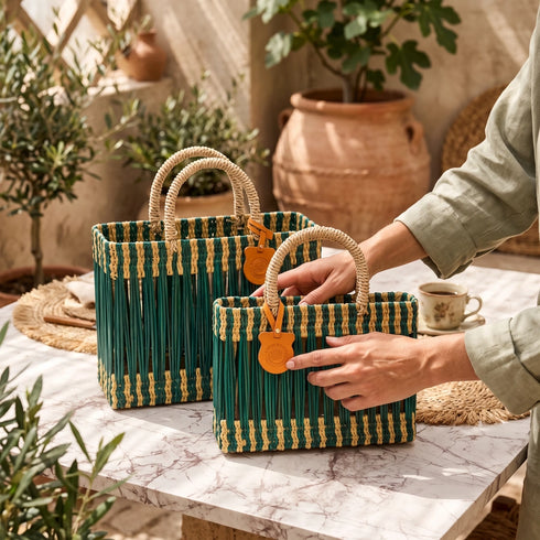Handwoven Moroccan Straw Tote Bag – Teal & Natural Beige