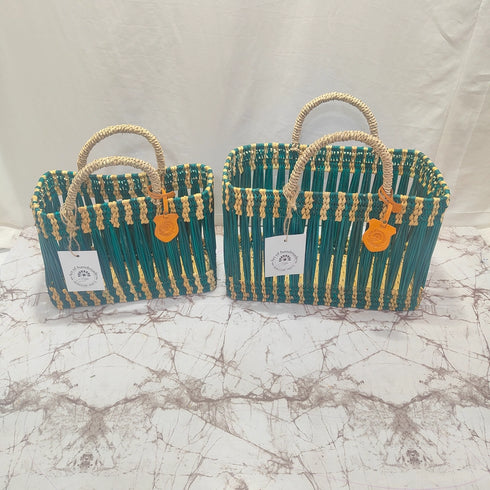 Handwoven Moroccan Straw Tote Bag – Teal & Natural Beige