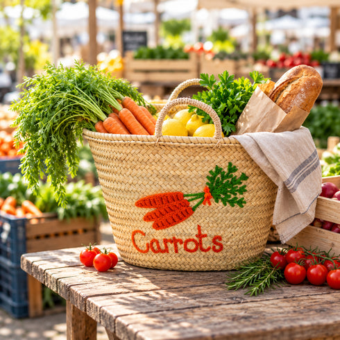 Carrot Market Basket, Moroccan Straw Tote, Handwoven Palm Leaf Bag, Grocery Basket, Farmhouse Market Bag