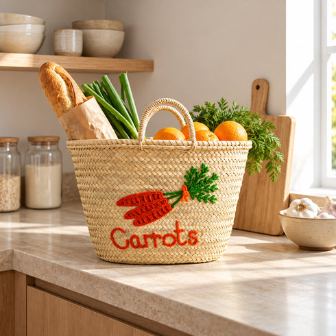 Carrot Market Basket, Moroccan Straw Tote, Handwoven Palm Leaf Bag, Grocery Basket, Farmhouse Market Bag