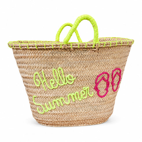 Handwoven Moroccan “Hello Summer” Palm Leaf Basket