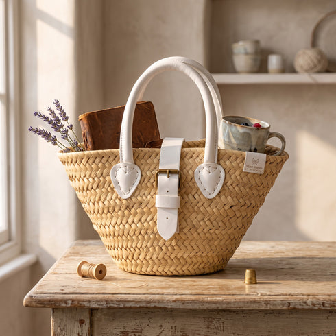 Handwoven Straw Tote Bag with White Leather Handles and Buckle