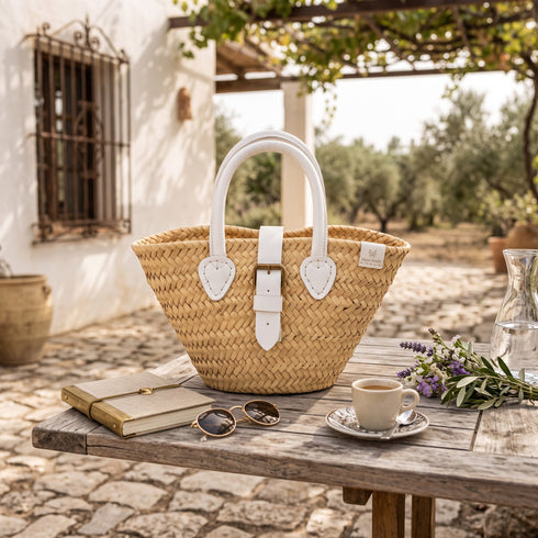 Handwoven Straw Tote Bag with White Leather Handles and Buckle
