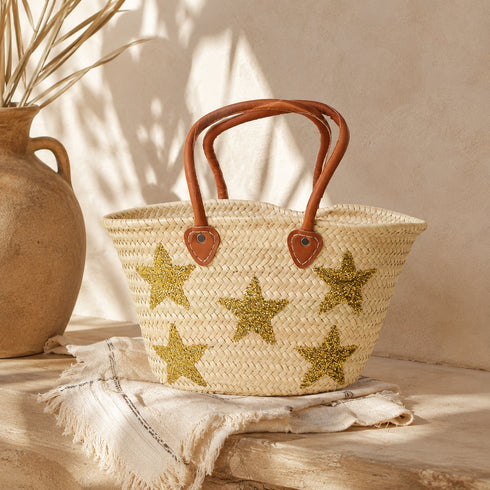 Handwoven Moroccan Straw Basket with Golden Sequin Stars