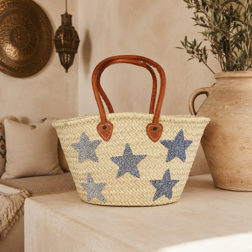 Handwoven Moroccan Straw Basket with Golden Sequin Stars