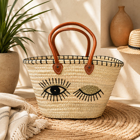 Handwoven Moroccan Straw Basket with Silver Eye Design