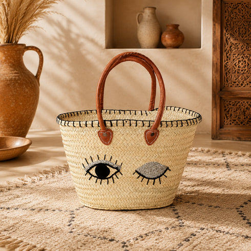 Handwoven Moroccan Straw Basket with Silver Eye Design