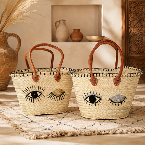 Handwoven Moroccan Straw Basket with Silver Eye Design