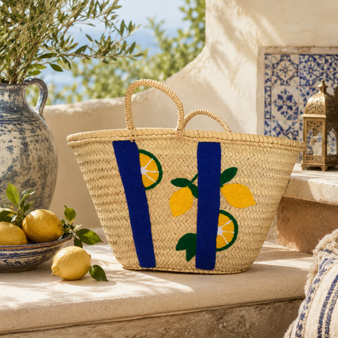 Handwoven Moroccan Straw Basket with Lemon Embroidery