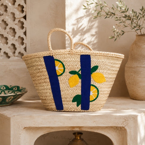 Handwoven Moroccan Straw Basket with Lemon Embroidery