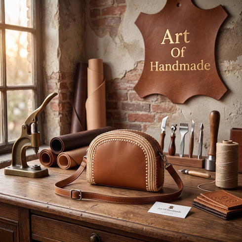 Semi-Circular Handmade Natural Raffia Shoulder Bag with Genuine Leather