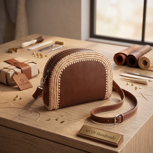 Semi-Circular Handmade Natural Raffia Shoulder Bag with Genuine Leather