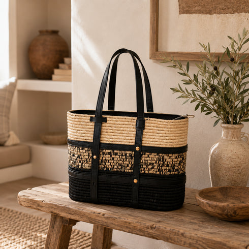 Handmade Black and Natural Raffia Tote Bag with Genuine Leather Handles