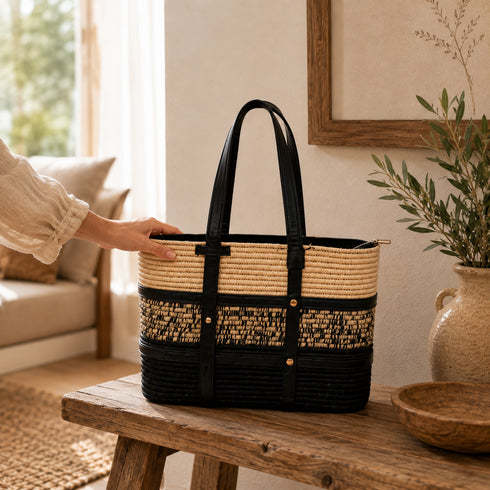Handmade Black and Natural Raffia Tote Bag with Genuine Leather Handles