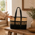 Handmade Black and Natural Raffia Tote Bag with Genuine Leather Handles