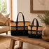Handmade Black and Natural Raffia Tote Bag with Genuine Leather Handles