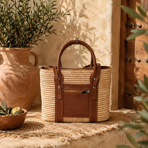 Handmade Structured Natural Raffia Tote Bag with Genuine Leather Handles