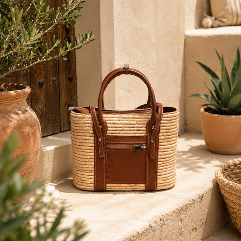 Handmade Structured Natural Raffia Tote Bag with Genuine Leather Handles