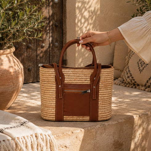 Handmade Structured Natural Raffia Tote Bag with Genuine Leather Handles