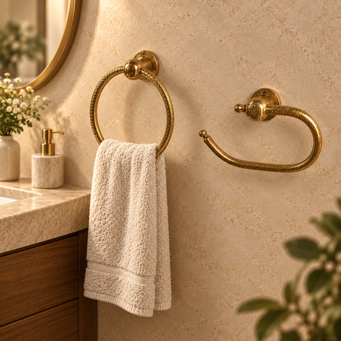 Handcrafted Moroccan Engraved Solid Brass Towel Ring & Open Toilet Paper Holder