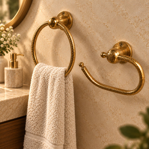 Handcrafted Moroccan Engraved Solid Brass Towel Ring & Open Toilet Paper Holder